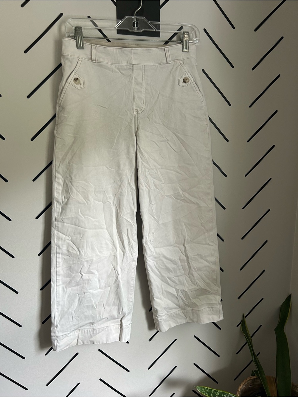 Spanx Pants Womens Ivory Cedar Twill Wide Leg Cropped Button Flap Pocket